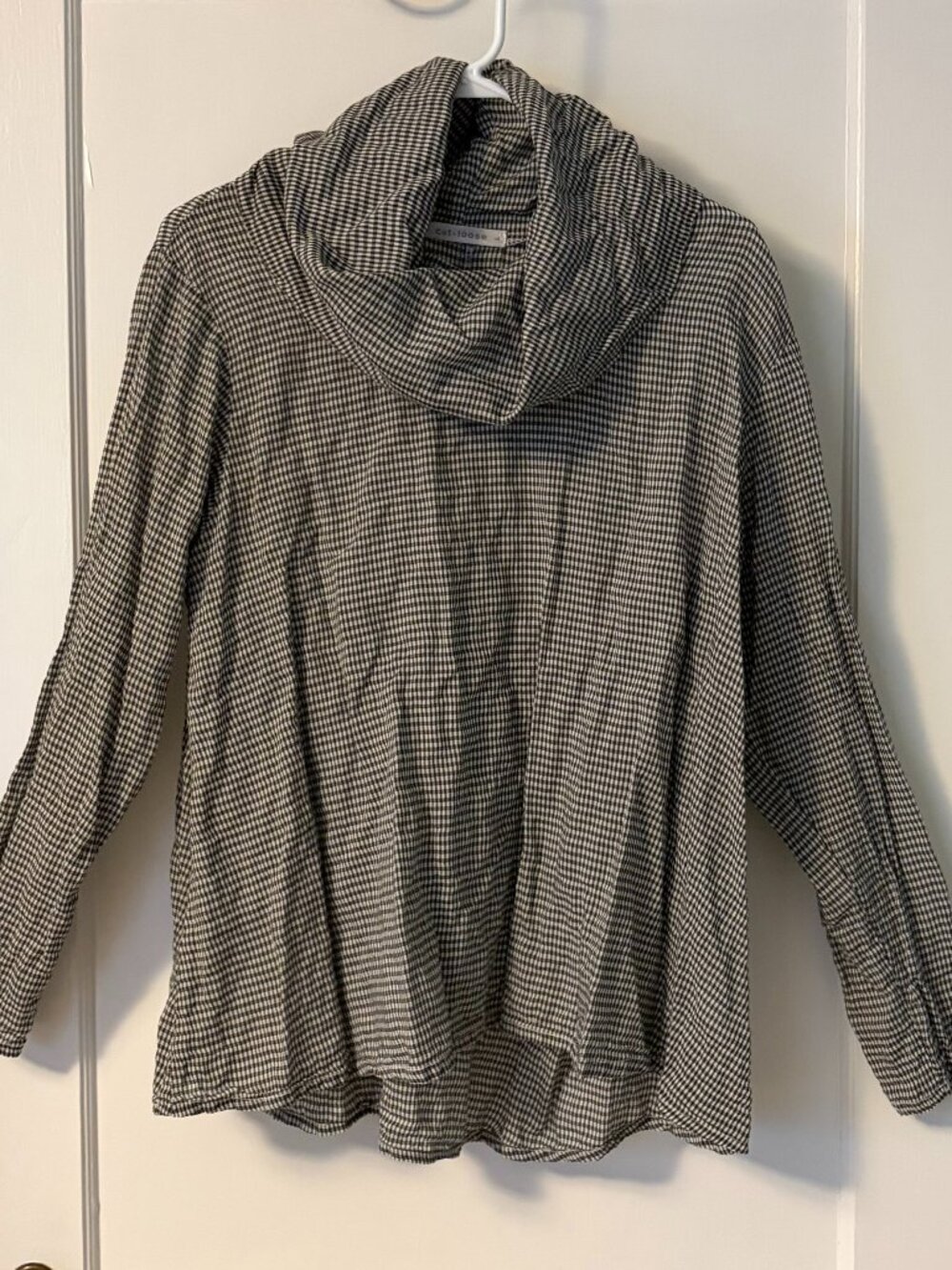 Cut Loose gauzy cowl turtleneck blouse black white gingham size large minimalist